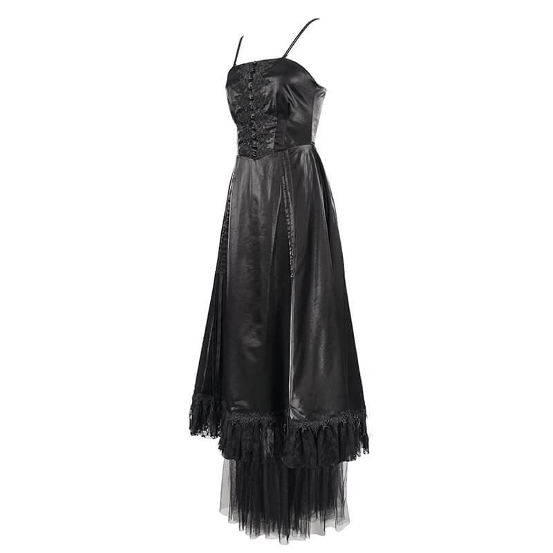 Women's Black Drawstring Lace Splice Slip Dress / Long Dress with Straps in Gothic Style