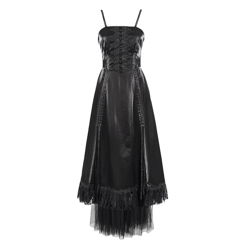 Women's Black Drawstring Lace Splice Slip Dress / Long Dress with Straps in Gothic Style