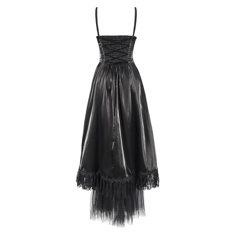 Women's Black Drawstring Lace Splice Slip Dress / Long Dress with Straps in Gothic Style