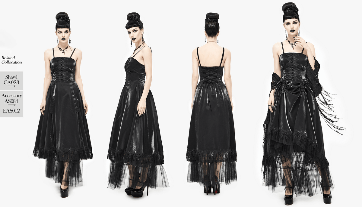 Women's Black Drawstring Lace Splice Slip Dress / Long Dress with Straps in Gothic Style