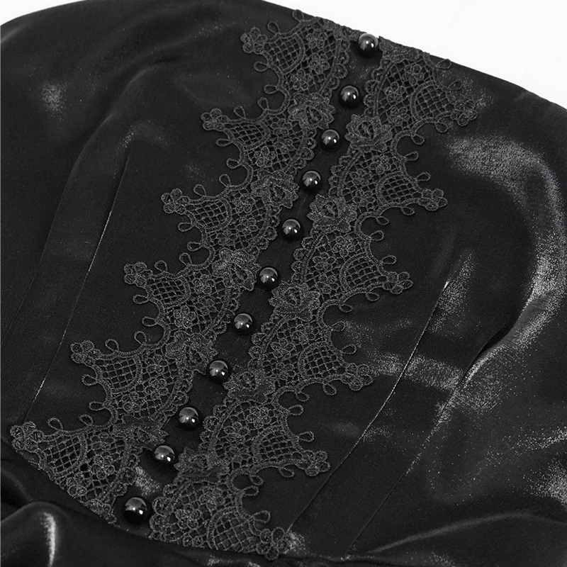 Women's Black Drawstring Lace Splice Slip Dress / Long Dress with Straps in Gothic Style