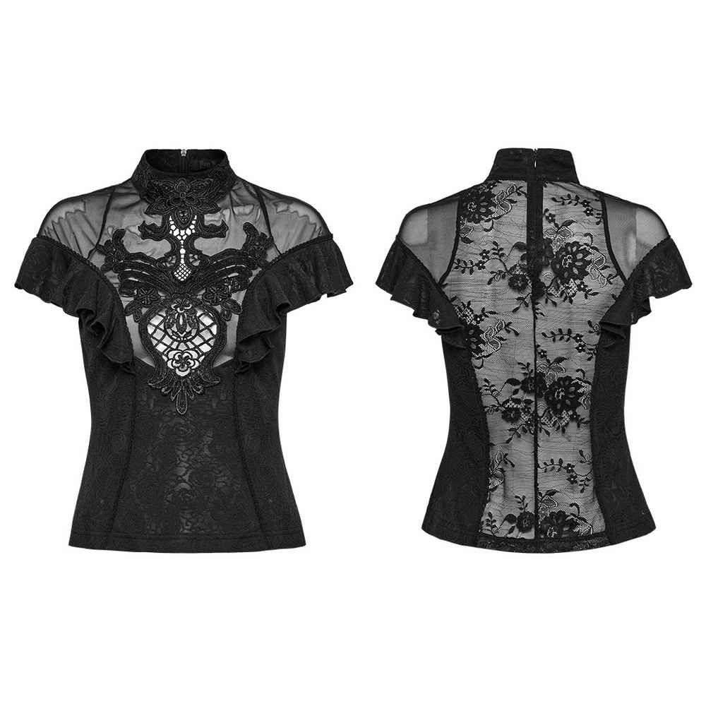 Women's Black Lace Ruffle Top with Embroidered Applique