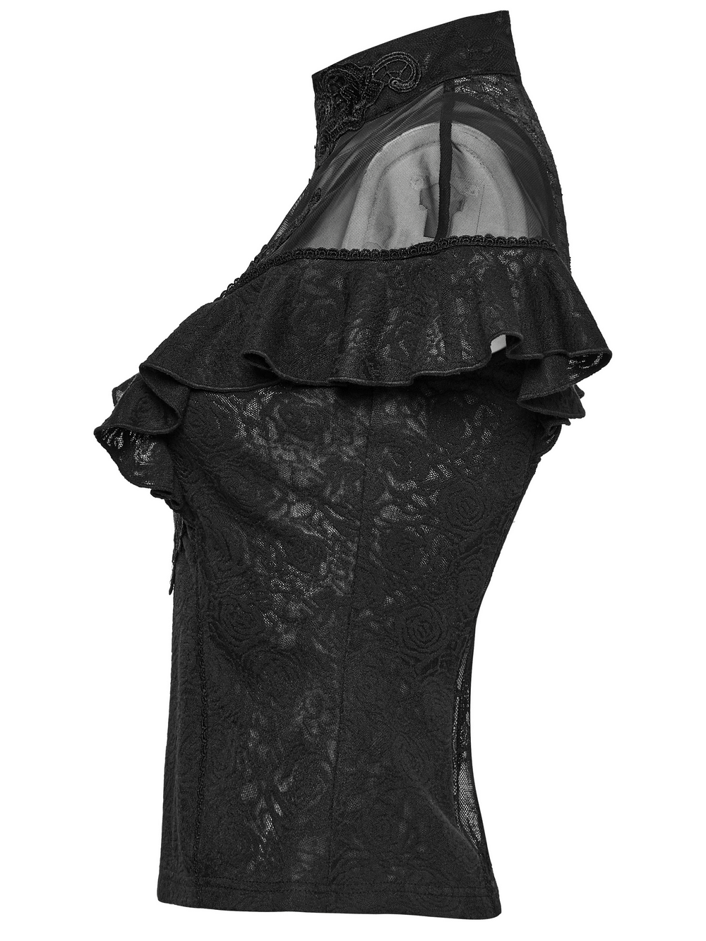 Women's Black Lace Ruffle Top with Embroidered Applique