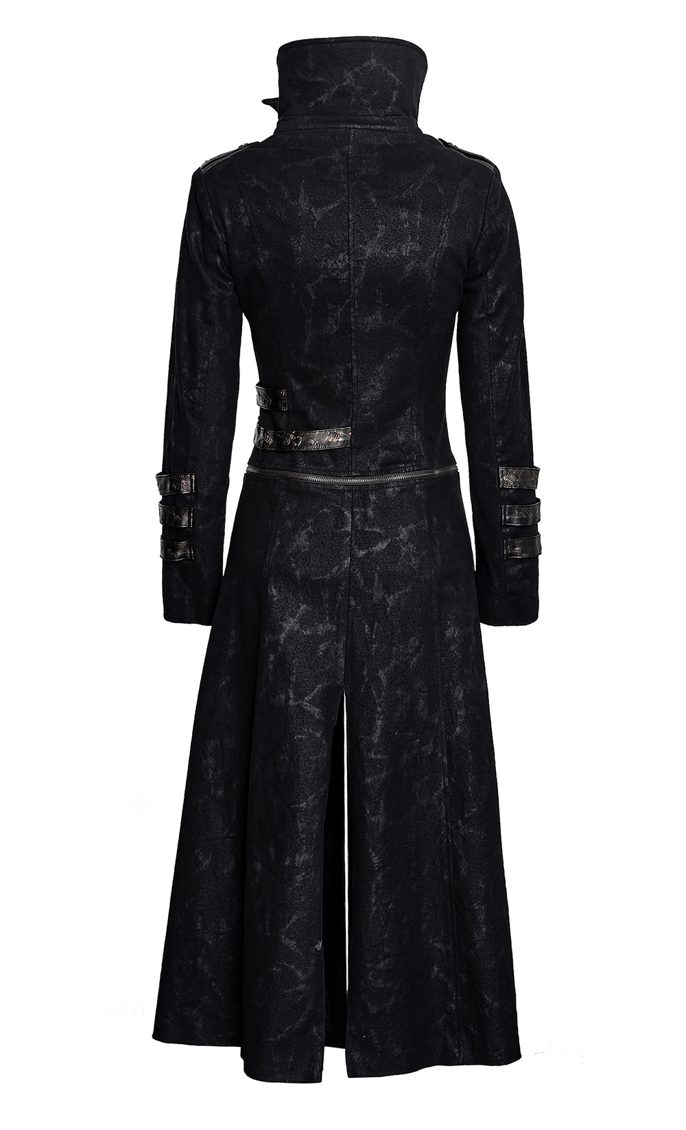 US SALE of Women's Black Leather-Look Long Coat with Stand Collar