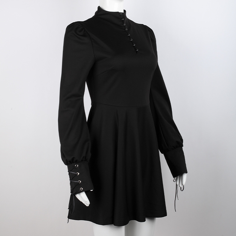 Women's Black Pleated Dress in Gothic Style / Lolita Style Long Sleeve Buttons Dress