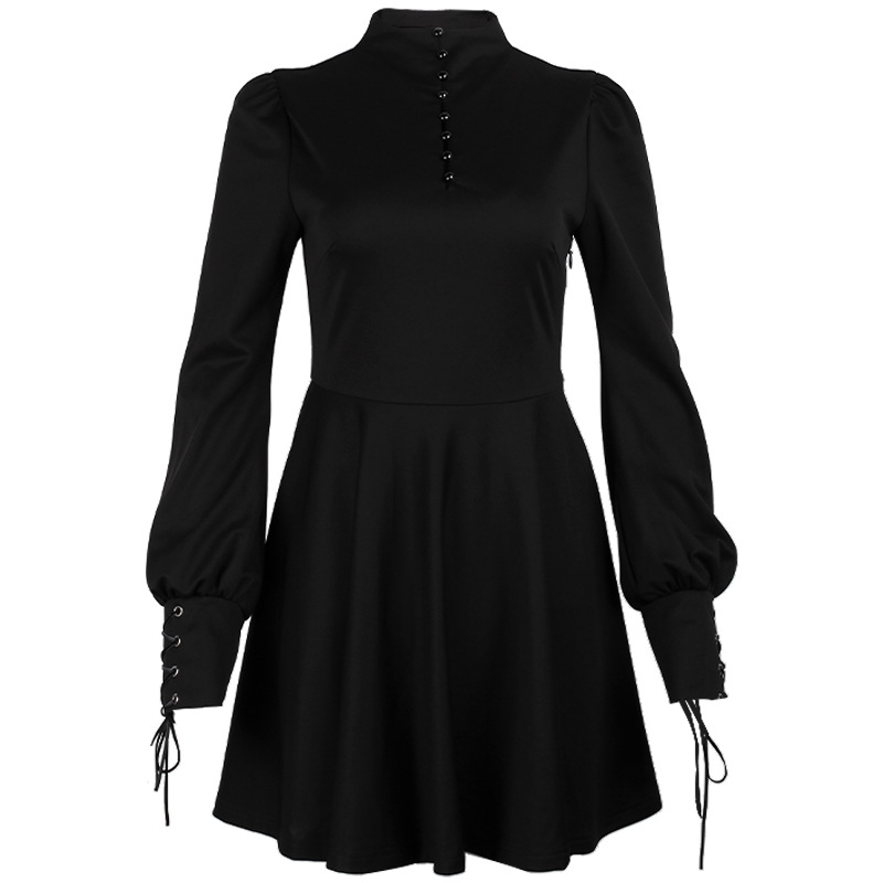 Women's Black Pleated Dress in Gothic Style / Lolita Style Long Sleeve Buttons Dress
