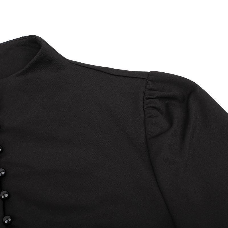 Women's Black Pleated Dress in Gothic Style / Lolita Style Long Sleeve Buttons Dress