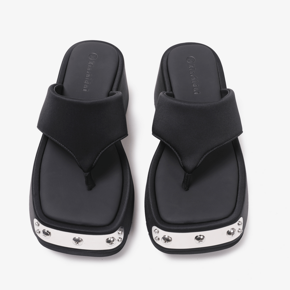 Women's Black Thong Sandals with Metal Toe Accents