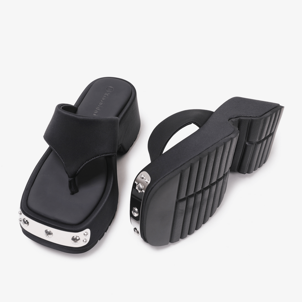 Women's Black Thong Sandals with Metal Toe Accents