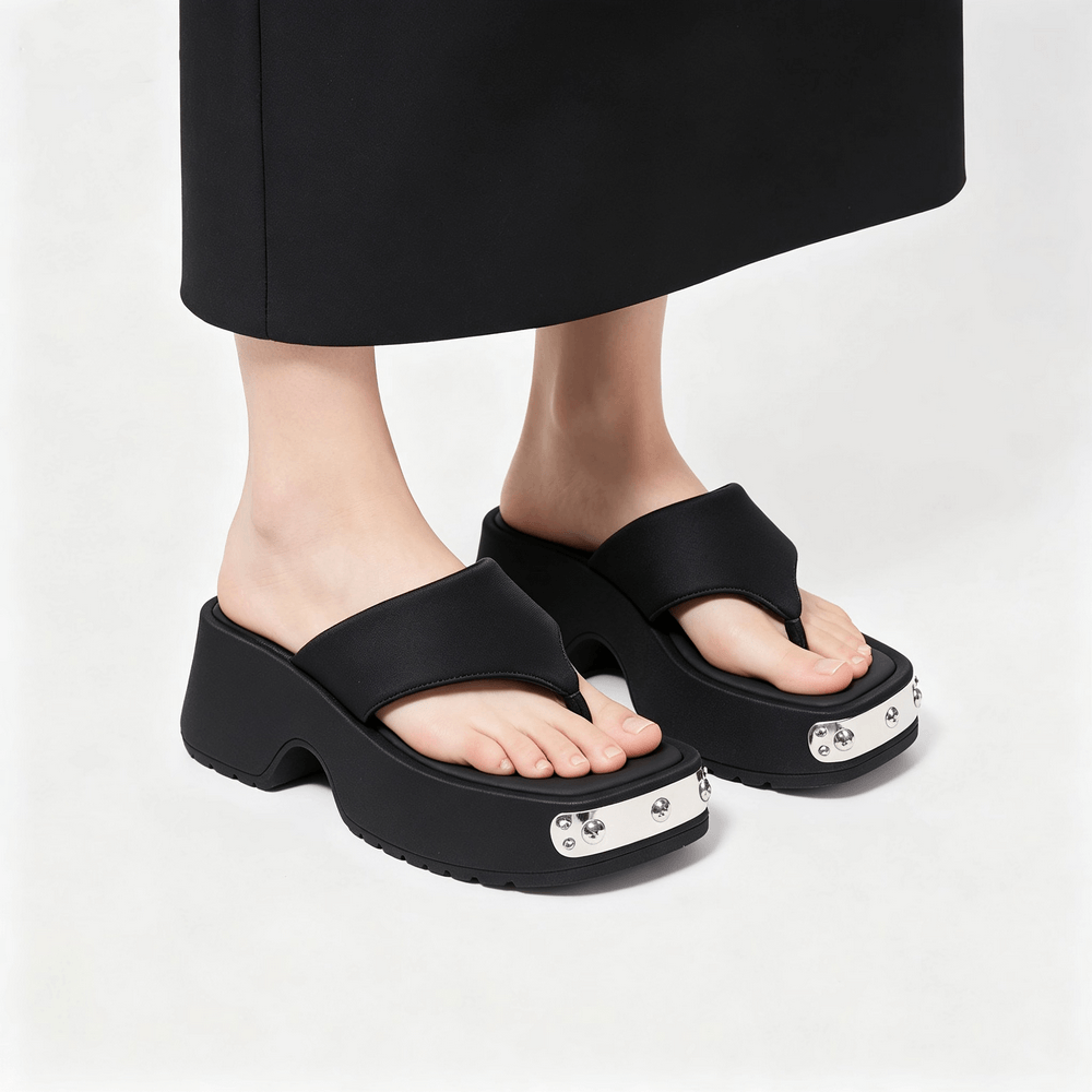 Women's Black Thong Sandals with Metal Toe Accents