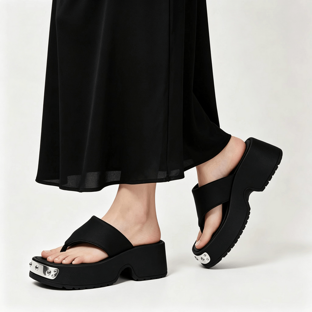 Women's Black Thong Sandals with Metal Toe Accents