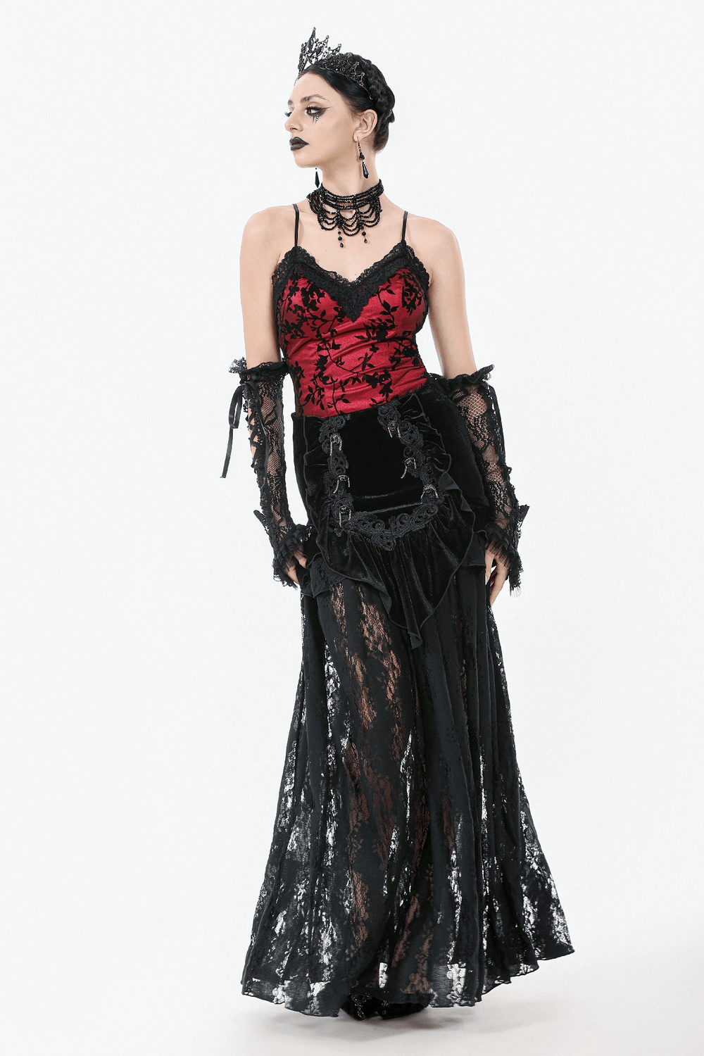Women's Black Velvet and Lace Maxi Skirt with Corset Back