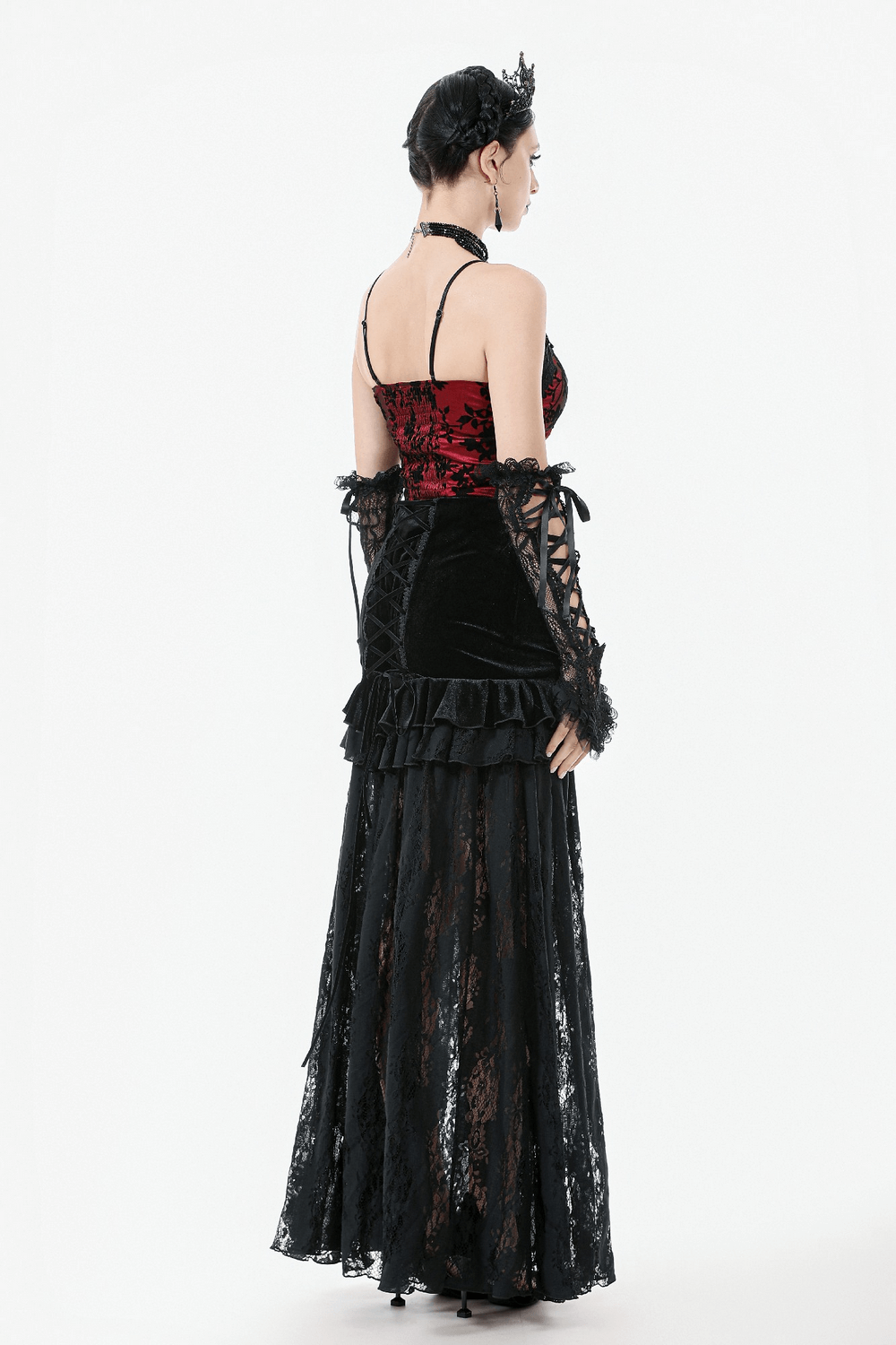 Women's Black Velvet and Lace Maxi Skirt with Corset Back