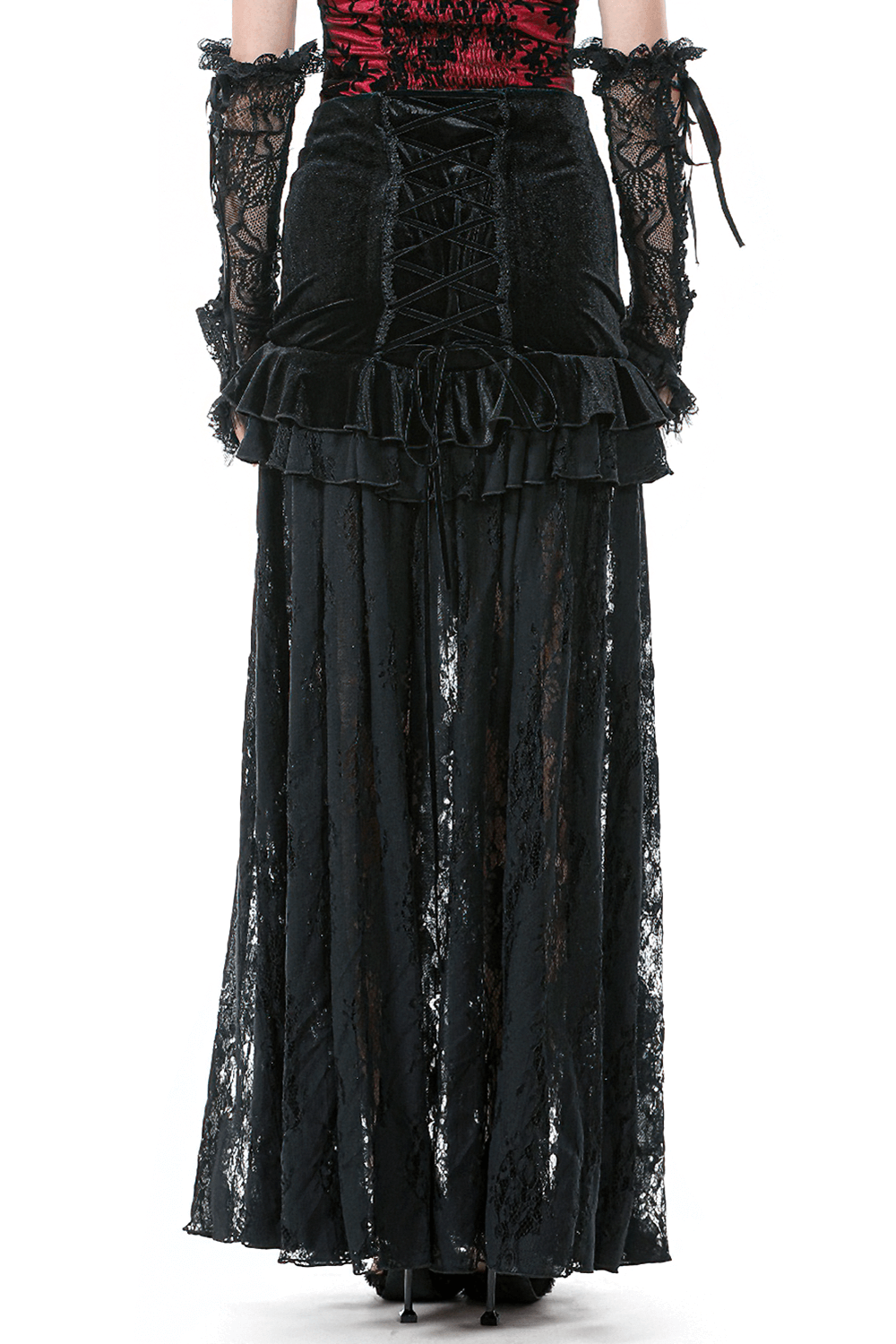 Women's Black Velvet and Lace Maxi Skirt with Corset Back