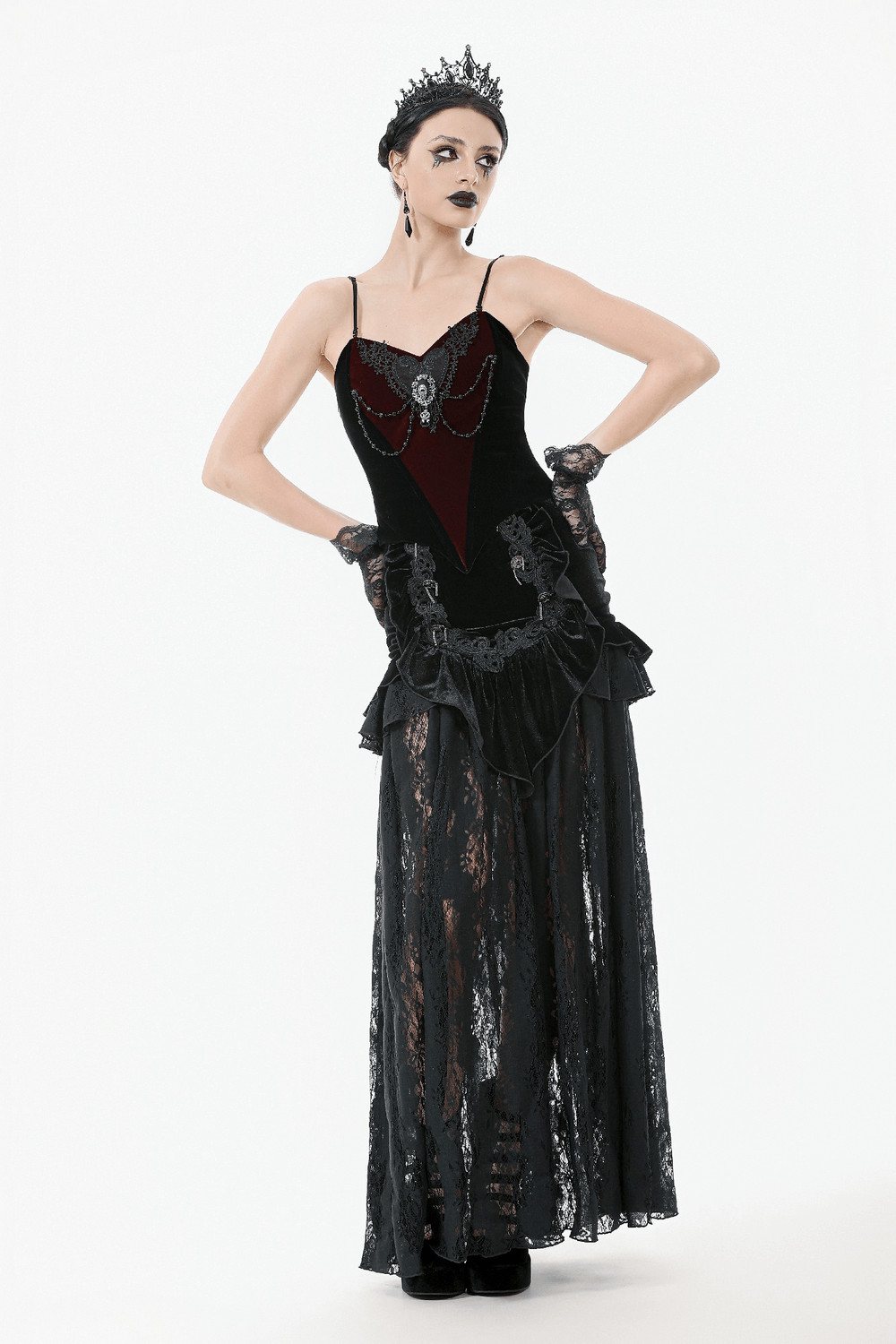 Women's Black Velvet and Lace Maxi Skirt with Corset Back