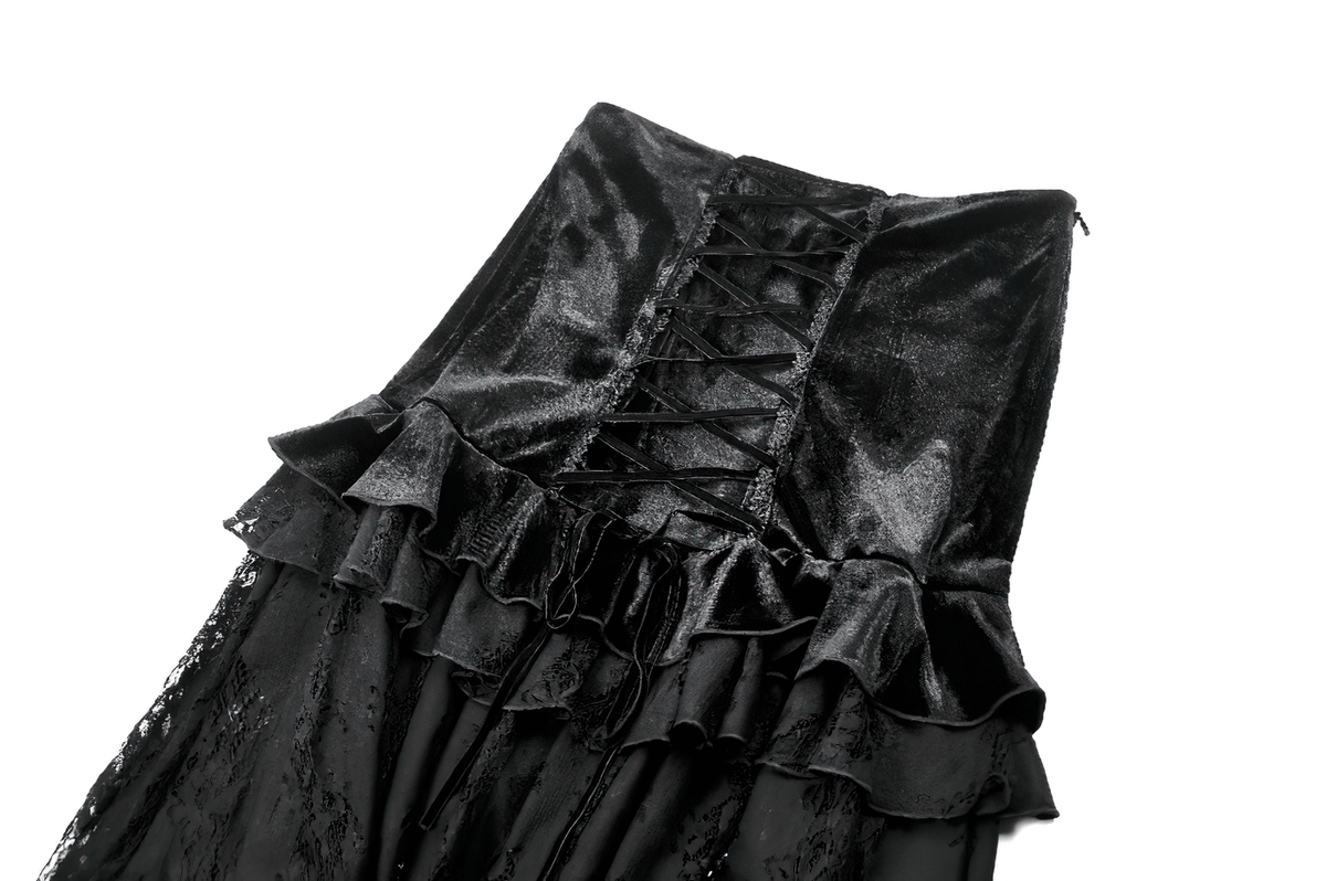 Women's Black Velvet and Lace Maxi Skirt with Corset Back