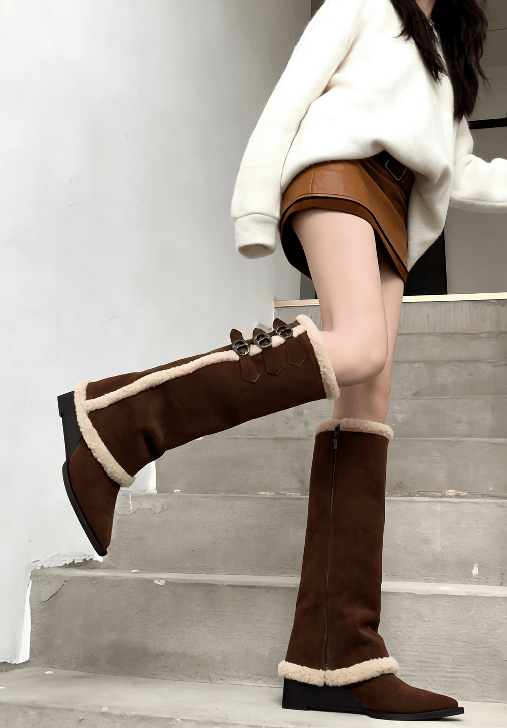 Women's Brown Fur Trim Buckle Knee-High Boots