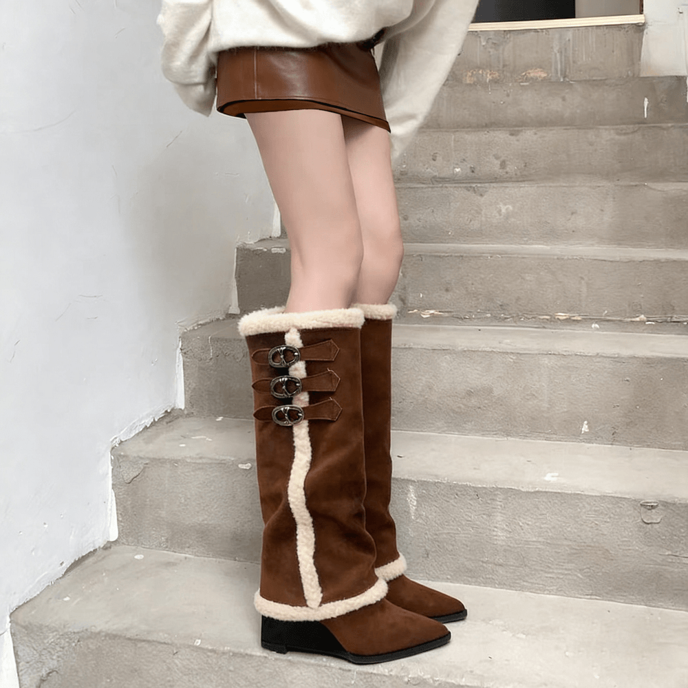 Women's Brown Fur Trim Buckle Knee-High Boots