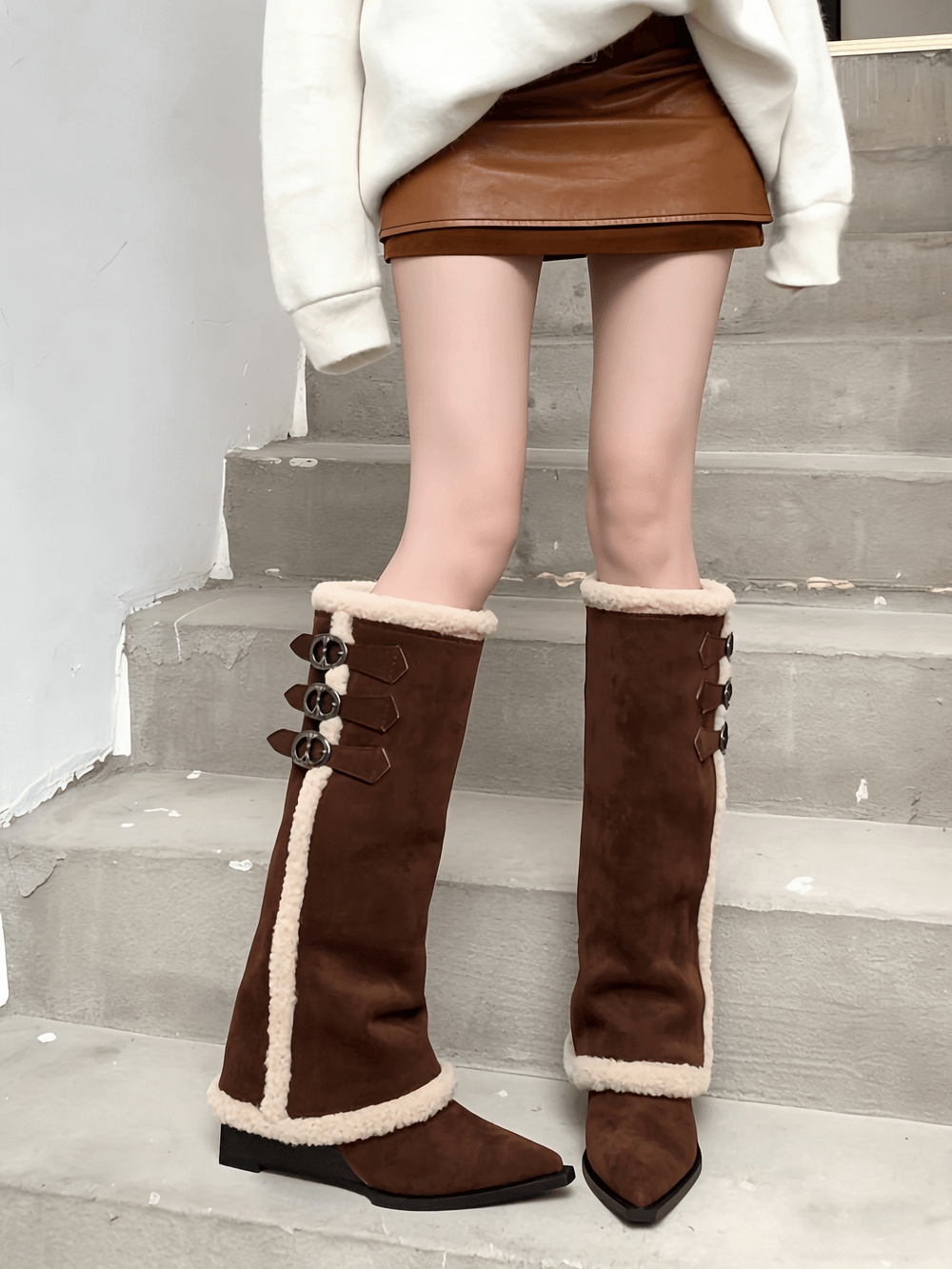 Women's Brown Fur Trim Buckle Knee-High Boots