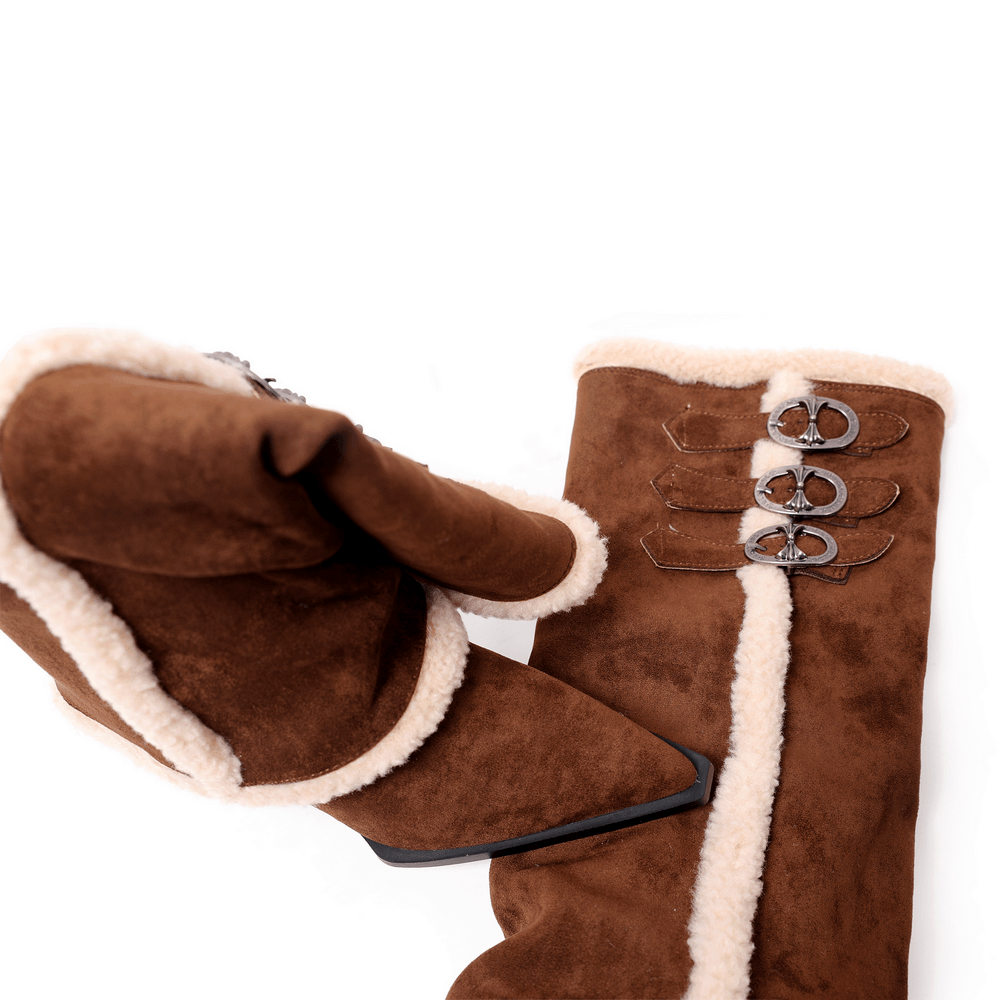 Women's Brown Fur Trim Buckle Knee-High Boots