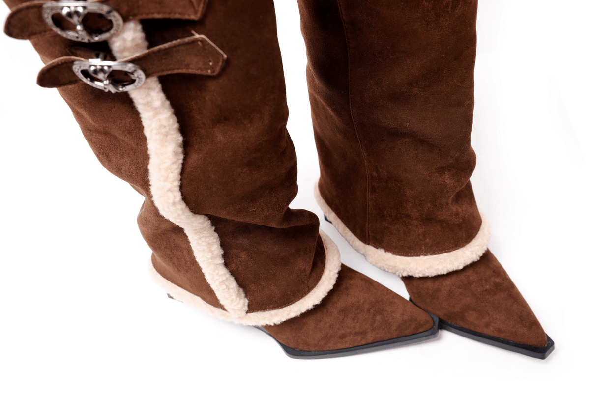 Women's Brown Fur Trim Buckle Knee-High Boots