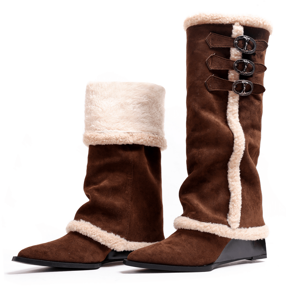 Women's Brown Fur Trim Buckle Knee-High Boots