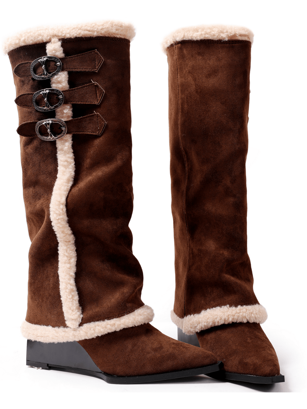 Women's Brown Fur Trim Buckle Knee-High Boots
