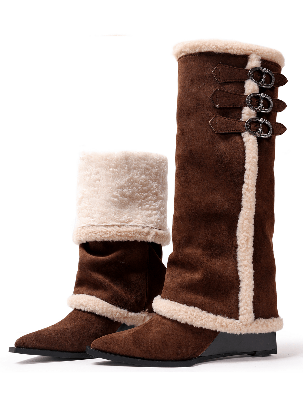 Women's Brown Fur Trim Buckle Knee-High Boots