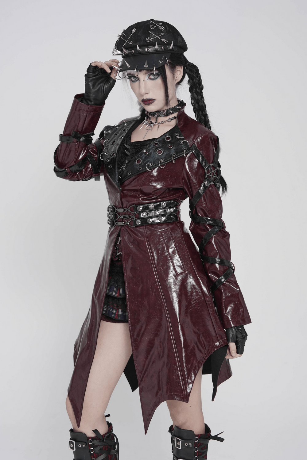 Women's Burgundy Faux Leather Harness Long Coat