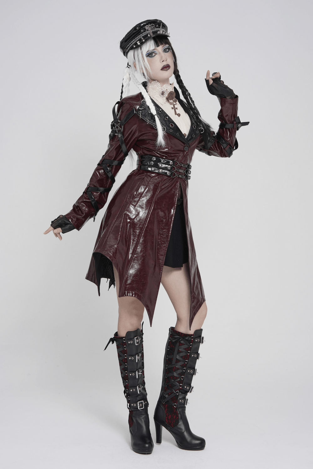 Women's Burgundy Faux Leather Harness Long Coat