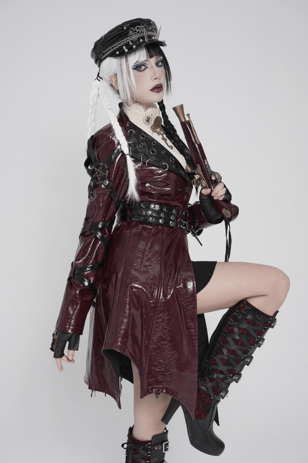 Women's Burgundy Faux Leather Harness Long Coat