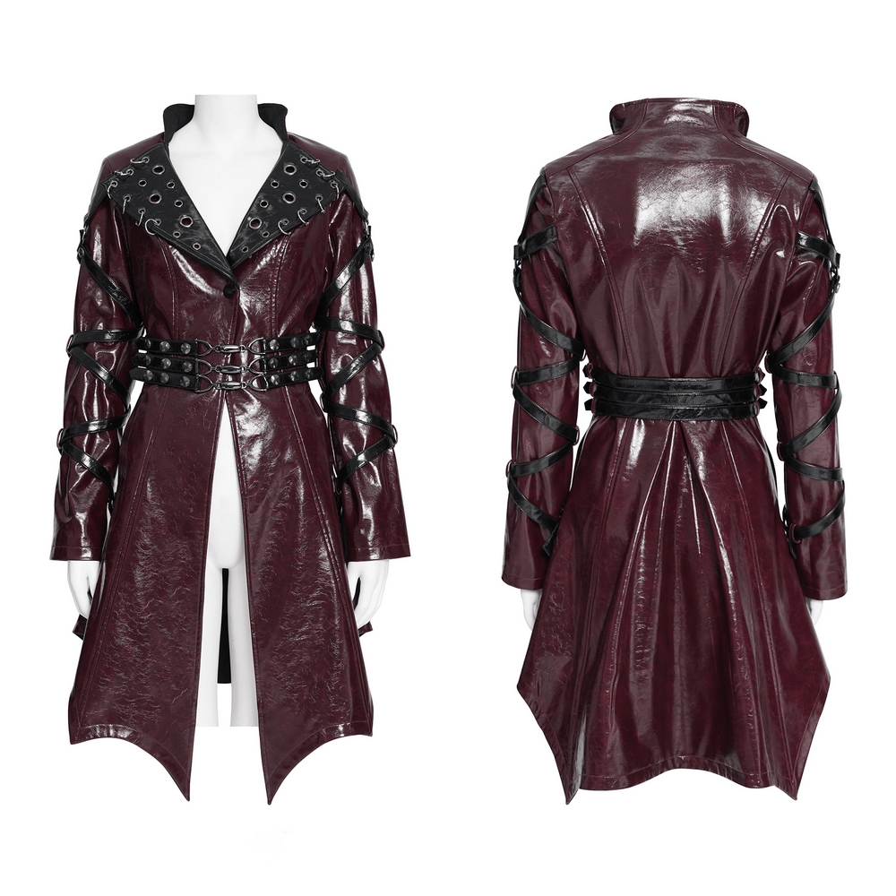 Women's Burgundy Faux Leather Harness Long Coat