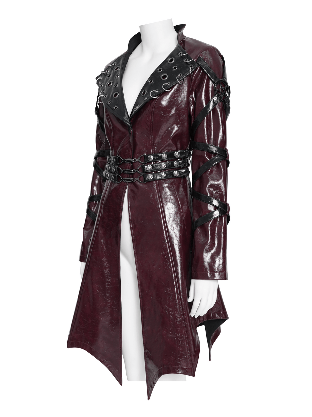 Women's Burgundy Faux Leather Harness Long Coat
