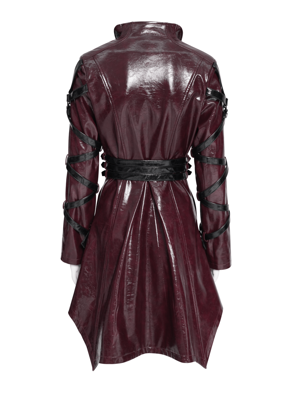 Women's Burgundy Faux Leather Harness Long Coat