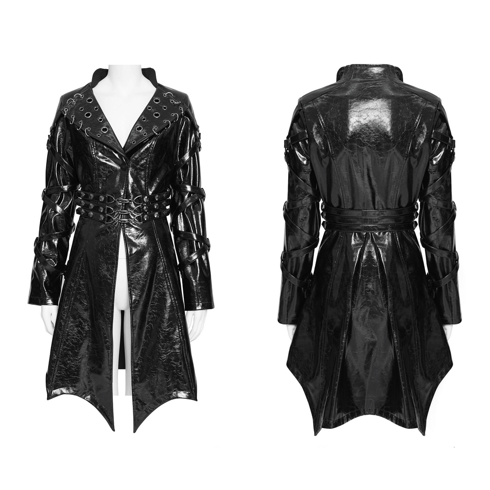 Women's Cyberpunk Patent Look Trench with Buckles