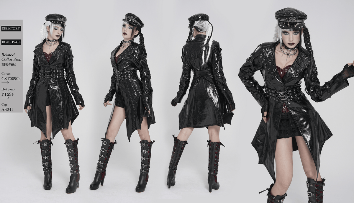 Women's Cyberpunk Patent Look Trench with Buckles