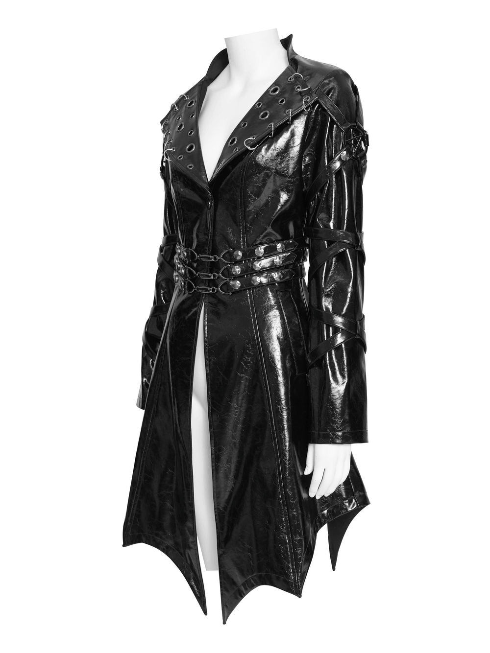 Women's Cyberpunk Patent Look Trench with Buckles