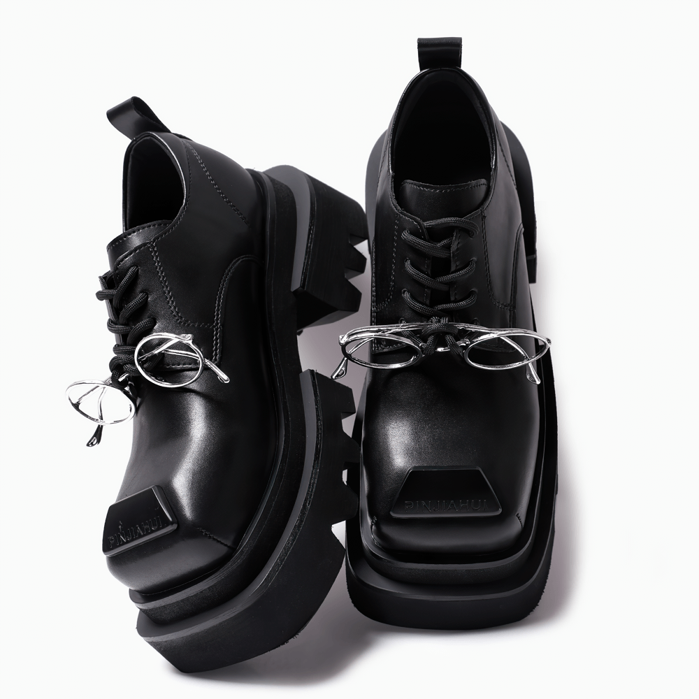 Women's Dark Derby Shoes with Novelty Silver Eyewear Charm