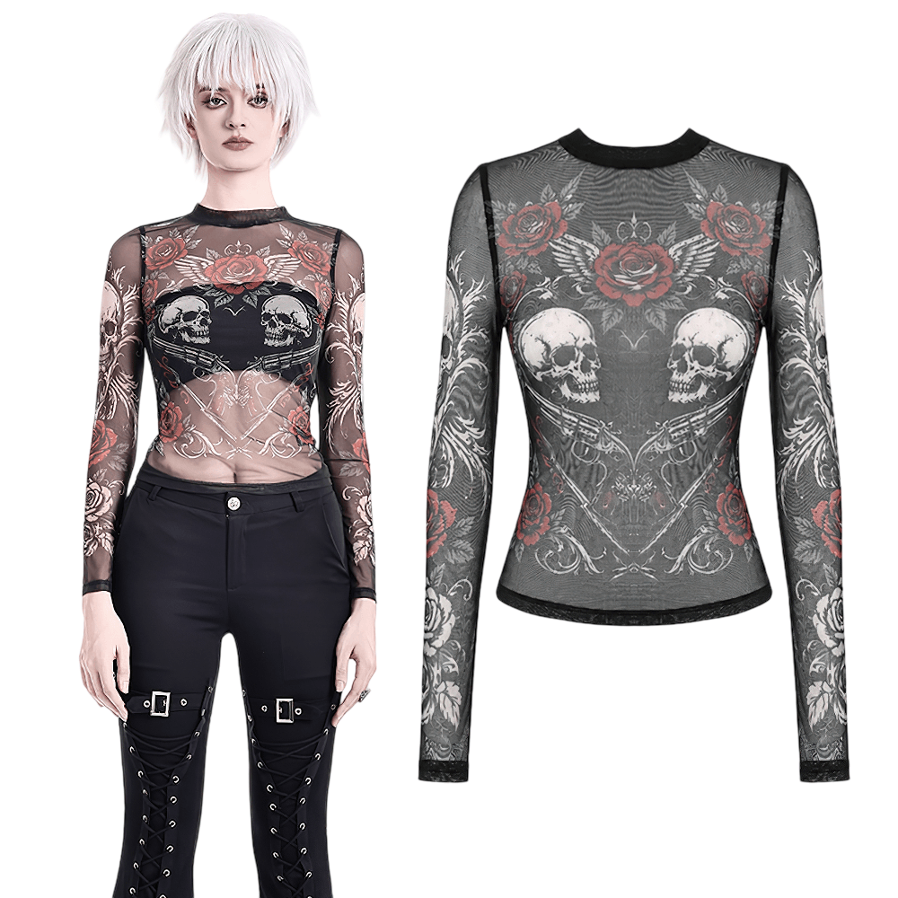 Women's Dark Romantic Wing Print Tattoo Mesh Top