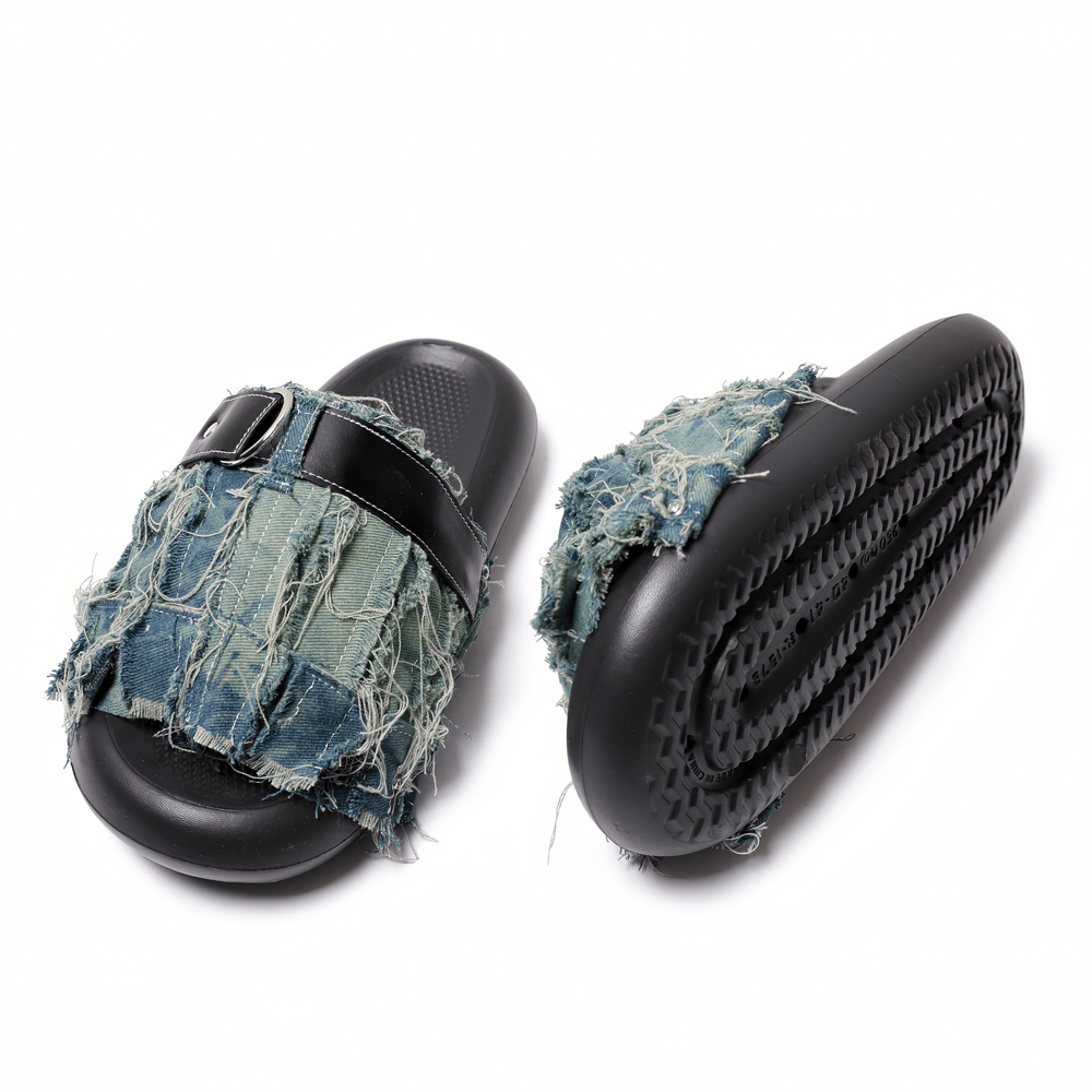Women's Distressed Denim Grunge Slides with Ring Strap Trim