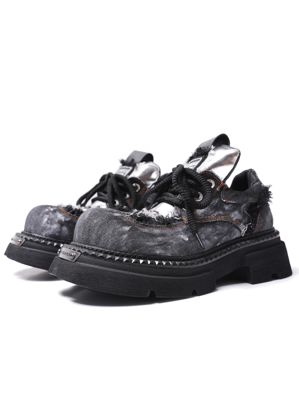 Women's Distressed Denim Platform Shoes with Silver Tongues