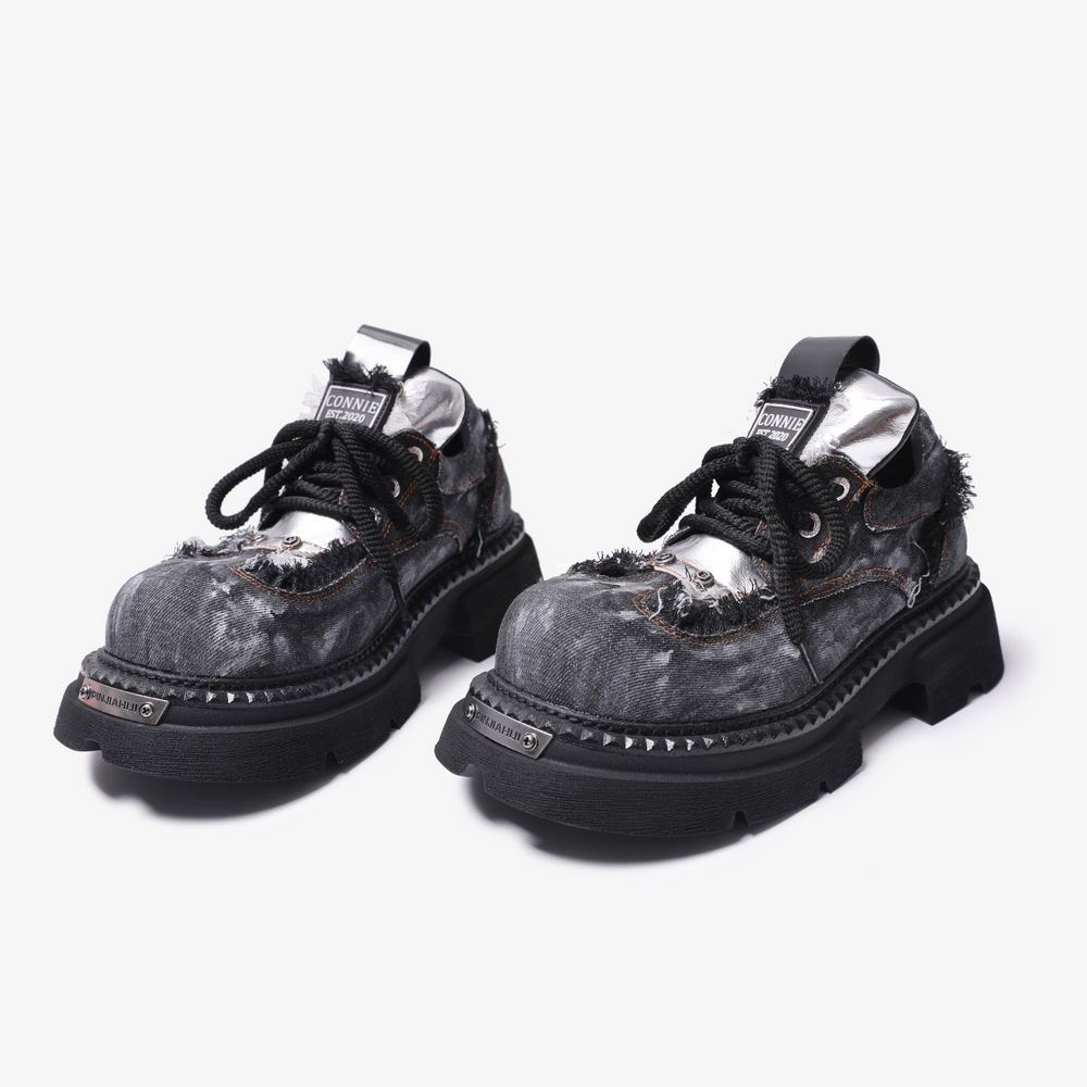 Women's Distressed Denim Platform Shoes with Silver Tongues