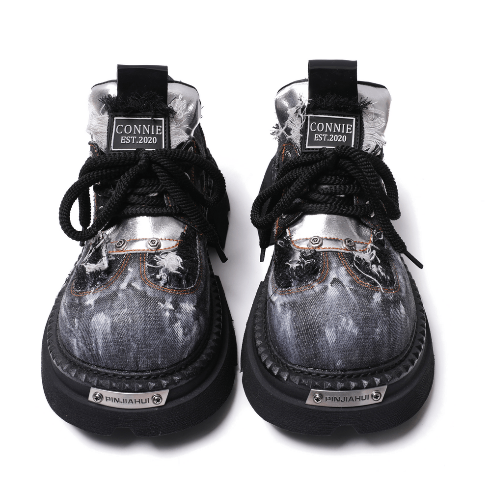 Women's Distressed Denim Platform Shoes with Silver Tongues