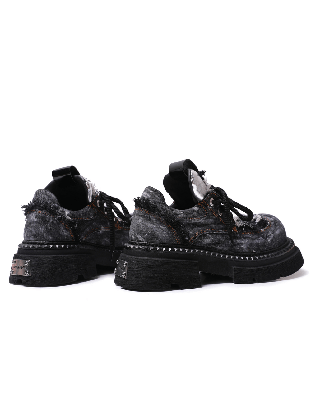 Women's Distressed Denim Platform Shoes with Silver Tongues