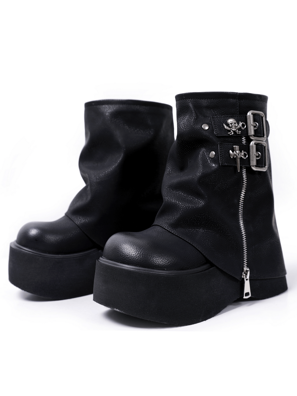 Women's Goth Platform Boots with Buckles and Skull Charms