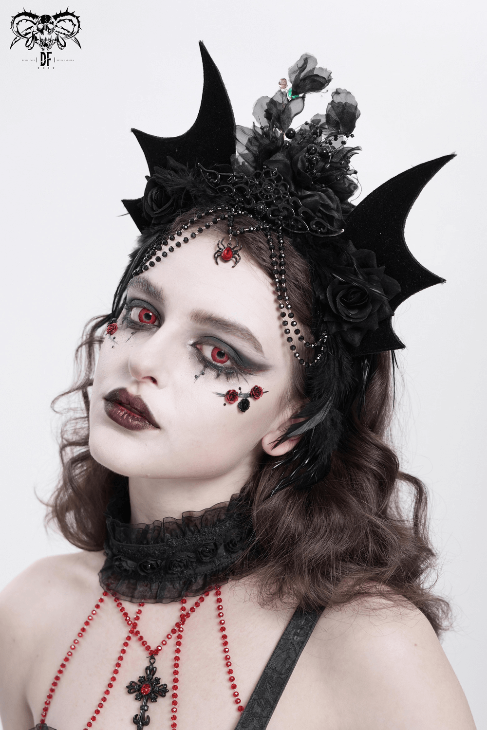 Women's Gothic Bat Crown with Roses and Feathers