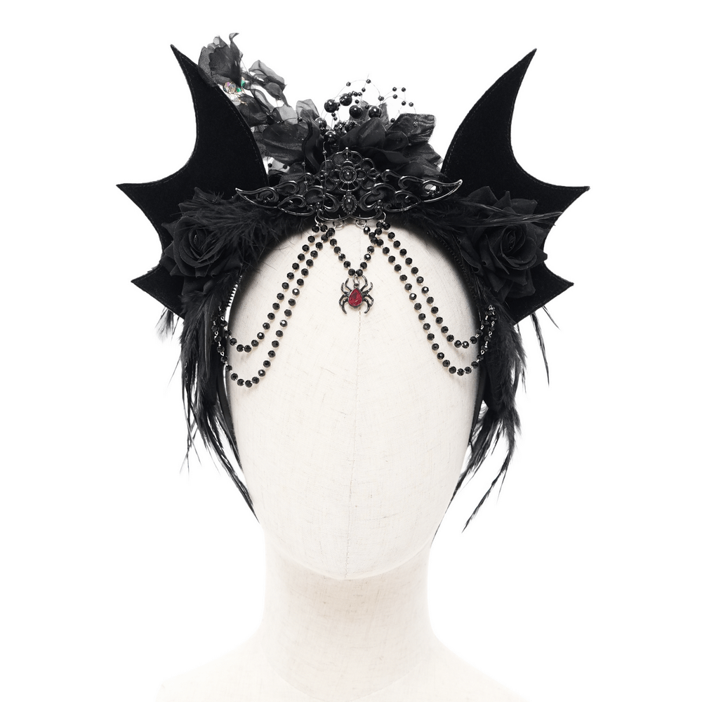 Women's Gothic Bat Crown with Roses and Feathers