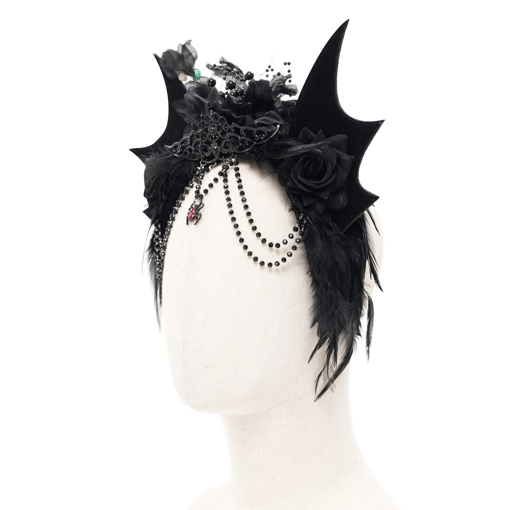Women's Gothic Bat Crown with Roses and Feathers