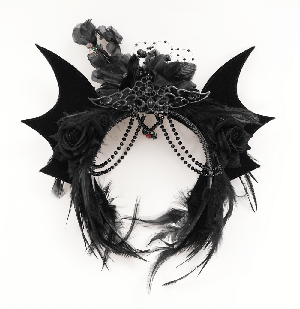 Women's Gothic Bat Crown with Roses and Feathers