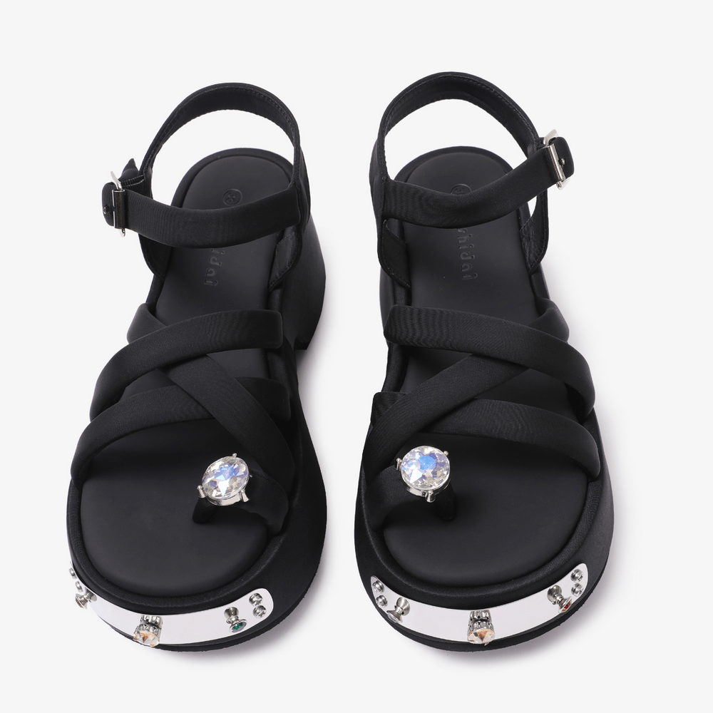 Women's Gothic Black Platform Sandals with Gem Accents